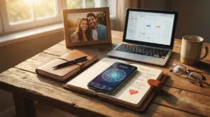 Scrivania con diario, smartphone con app astrologica, tazza, occhiali e laptop aperto su un calendario.