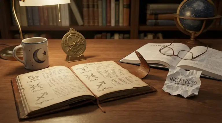 Scrivania con libri di astrologia, una tazza, occhiali e un foglio con la scritta 'incompreso'