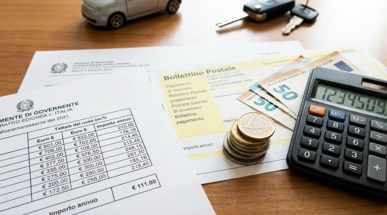 Calcolatrice, monete e bollettino su documenti di pagamento legati al bollo auto su un tavolo, con chiavi dell’auto sullo sfondo