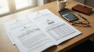 Documenti cartacei con tabelle pensionistiche 2026 su una scrivania con calcolatrice e occhiali