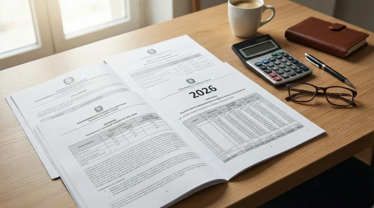 Documenti cartacei con tabelle pensionistiche 2026 su una scrivania con calcolatrice e occhiali