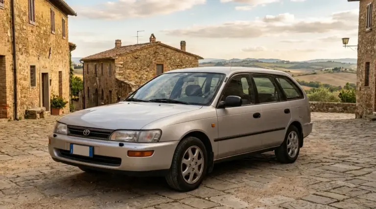 Station wagon grigia parcheggiata in un borgo di pietra, simbolo di auto robuste e longeve