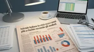 Scrivania con report finanziari, grafici e laptop, simbolo di analisi su aziende italiane in crisi e rischi di mercato