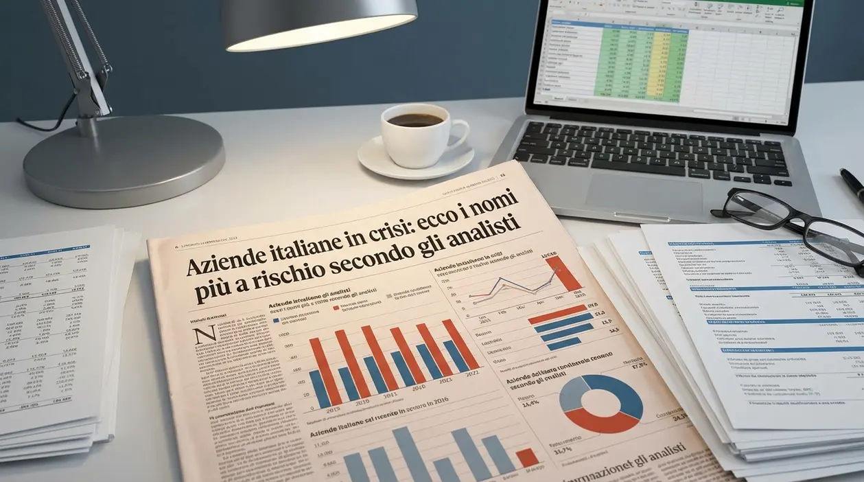 Scrivania con report finanziari, grafici e laptop, simbolo di analisi su aziende italiane in crisi e rischi di mercato