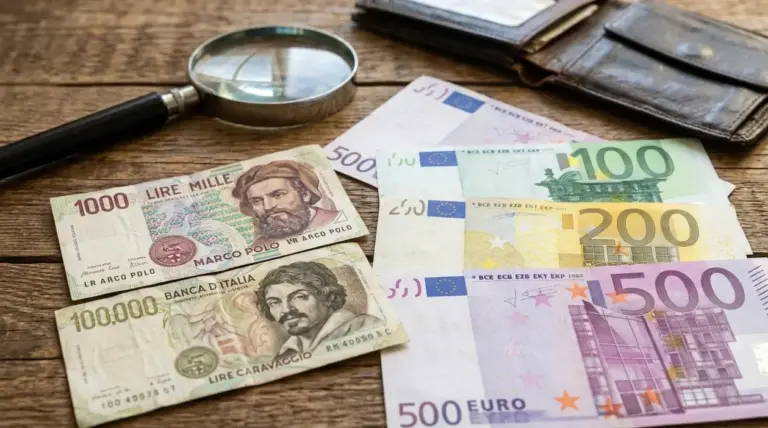 Banconote in euro e vecchie lire italiane su un tavolo, con lente d’ingrandimento e portafoglio