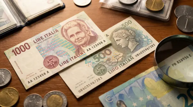 Banconote italiane da collezione con numeri seriali, monete e lente d'ingrandimento su un tavolo