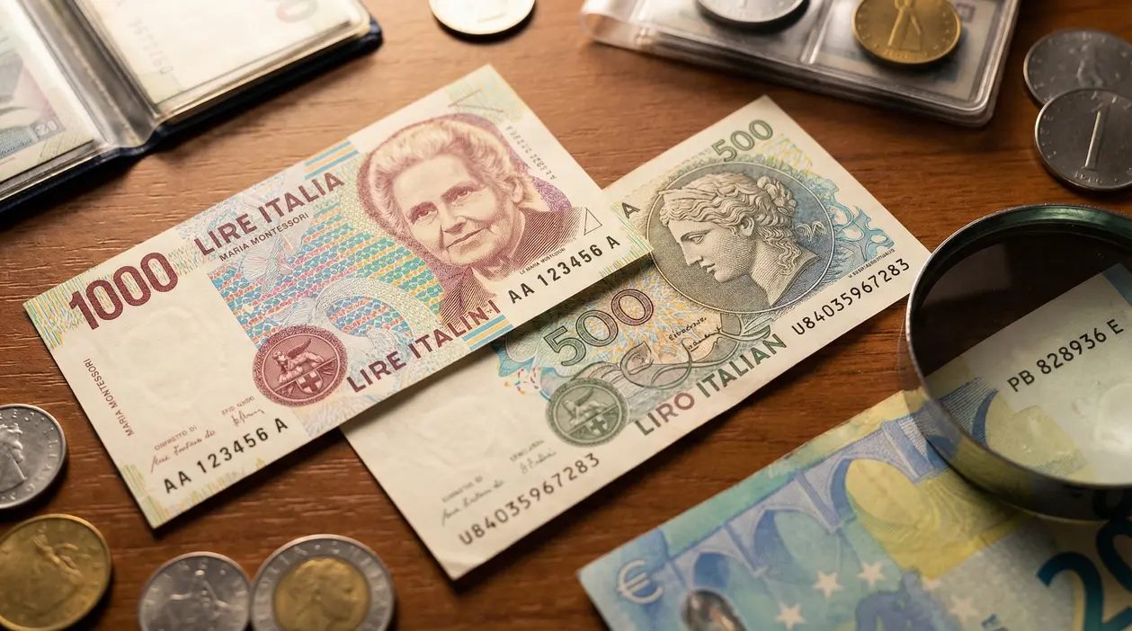 Banconote italiane da collezione con numeri seriali, monete e lente d'ingrandimento su un tavolo