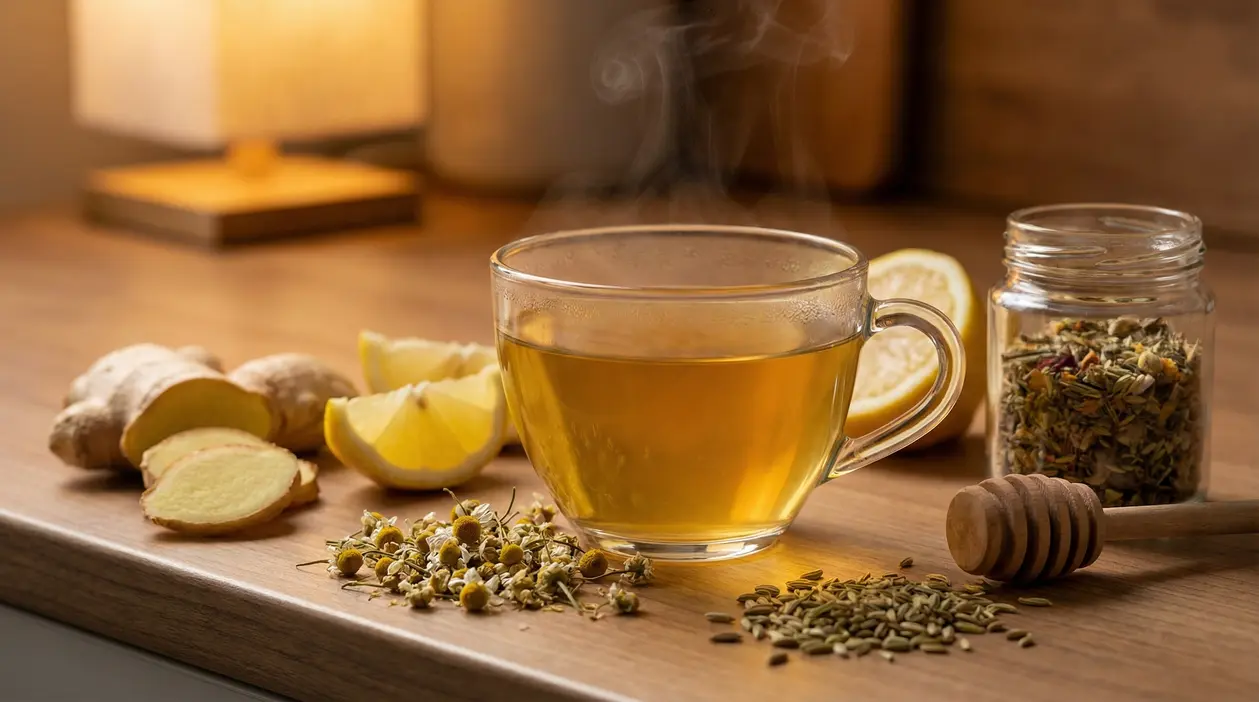 Tisana calda con limone, zenzero, camomilla e finocchio su un tavolo di legno