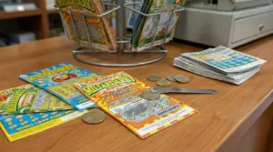 Gratta e vinci su un bancone con monete e schedine grattate