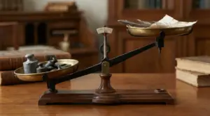 Bilancia antica sbilanciata con pesi su un lato e fogli di carta sull'altro
