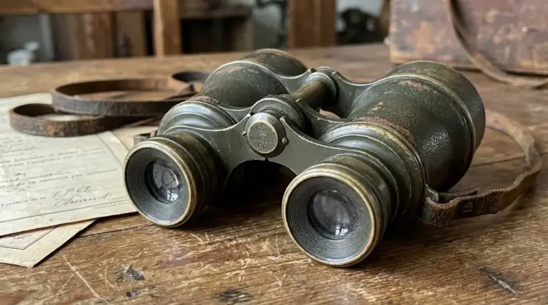 Vecchi binocoli militari d’epoca su un tavolo di legno con cinghia in cuoio e documenti antichi