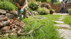Serpente su un prato in giardino vicino a cumuli di foglie secche e persone che fanno giardinaggio