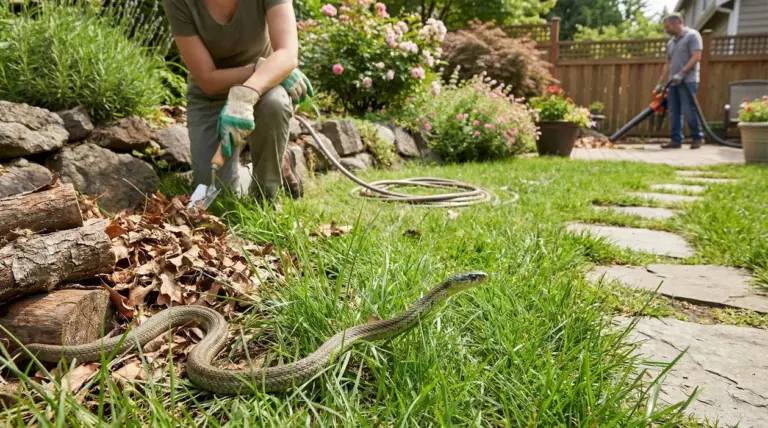 Serpente su un prato in giardino vicino a cumuli di foglie secche e persone che fanno giardinaggio