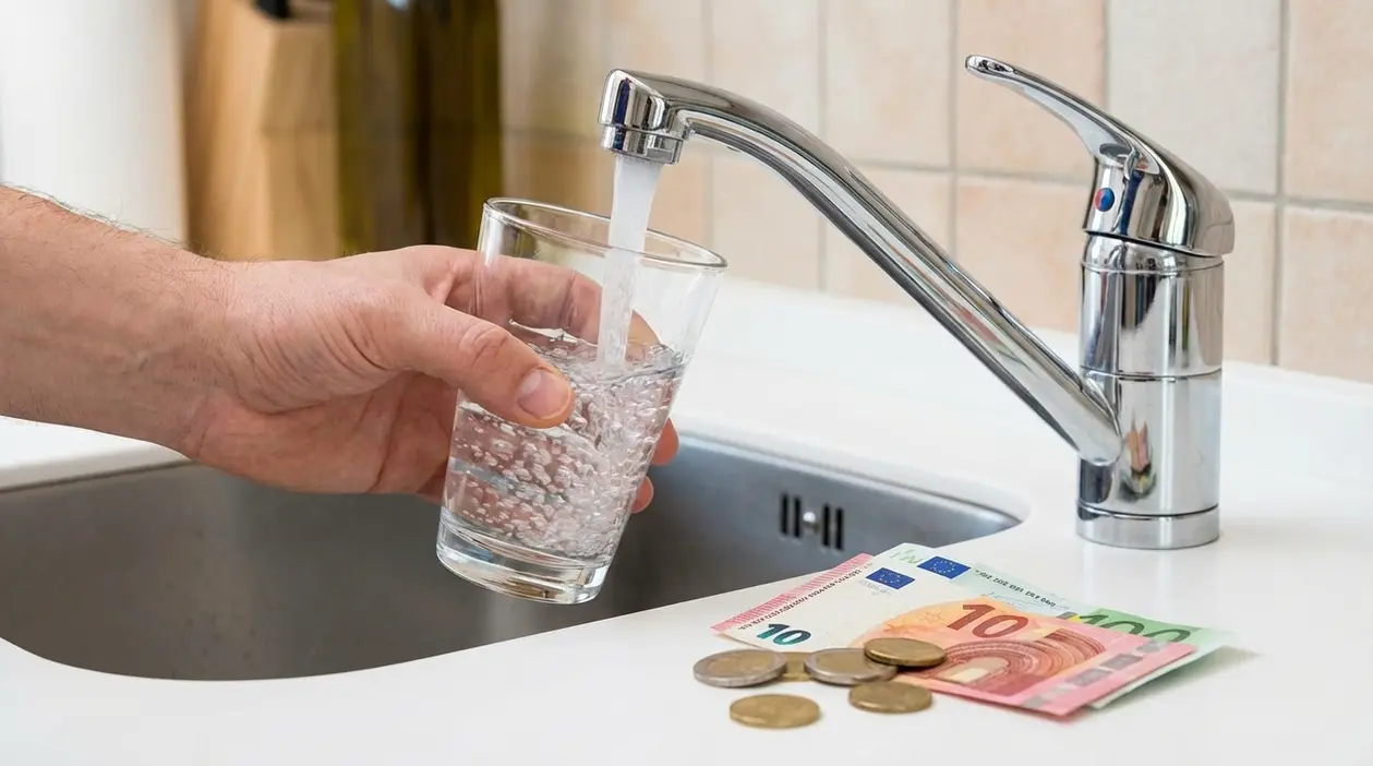 Mano riempie un bicchiere con acqua del rubinetto in cucina, con banconote e monete sul piano