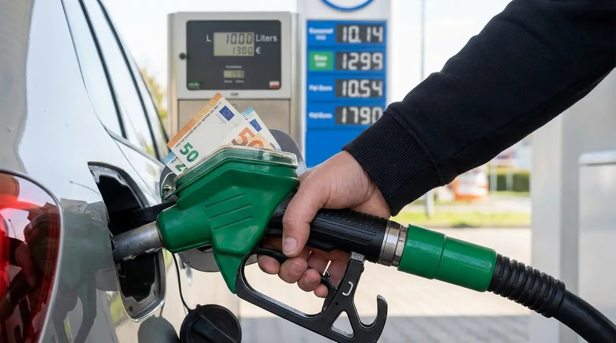 Rifornimento di carburante a un’auto con pistola verde, con banconote in euro e prezzi esposti sullo sfondo