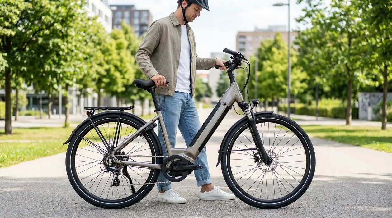 Persona con casco accanto a una bici elettrica in un parco urbano, ideale per chi valuta il bonus e-bike