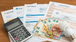 Bollette luce e gas con calcolatrice, banconote e lampadina, per richiesta bonus e risparmio energetico