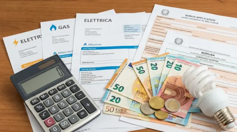 Bollette luce e gas con calcolatrice, banconote e lampadina, per richiesta bonus e risparmio energetico