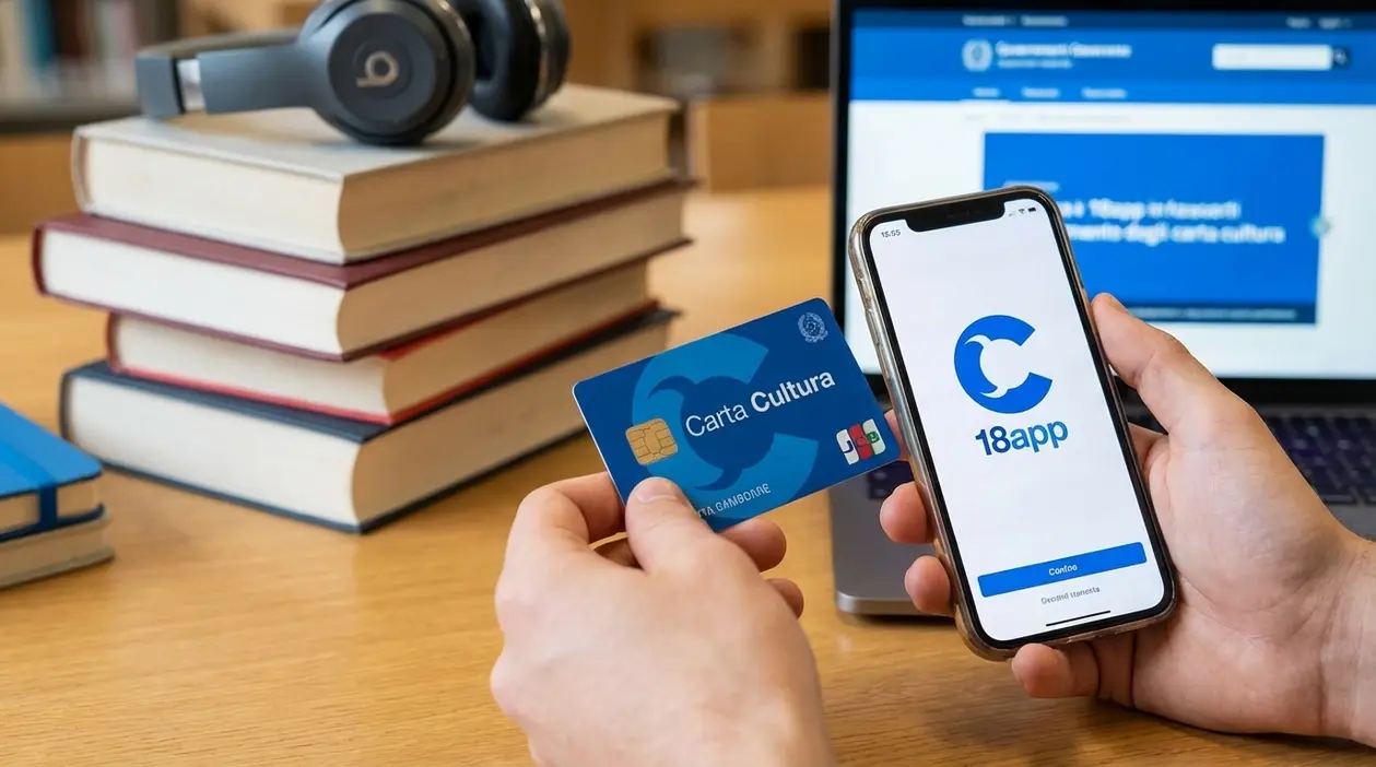 Mani che tengono Carta Cultura e smartphone con app 18app su scrivania con libri, cuffie e laptop