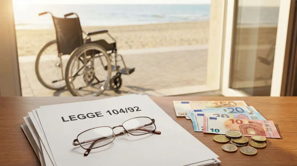 Documenti sulla Legge 104 con occhiali, denaro in euro e una sedia a rotelle sullo sfondo