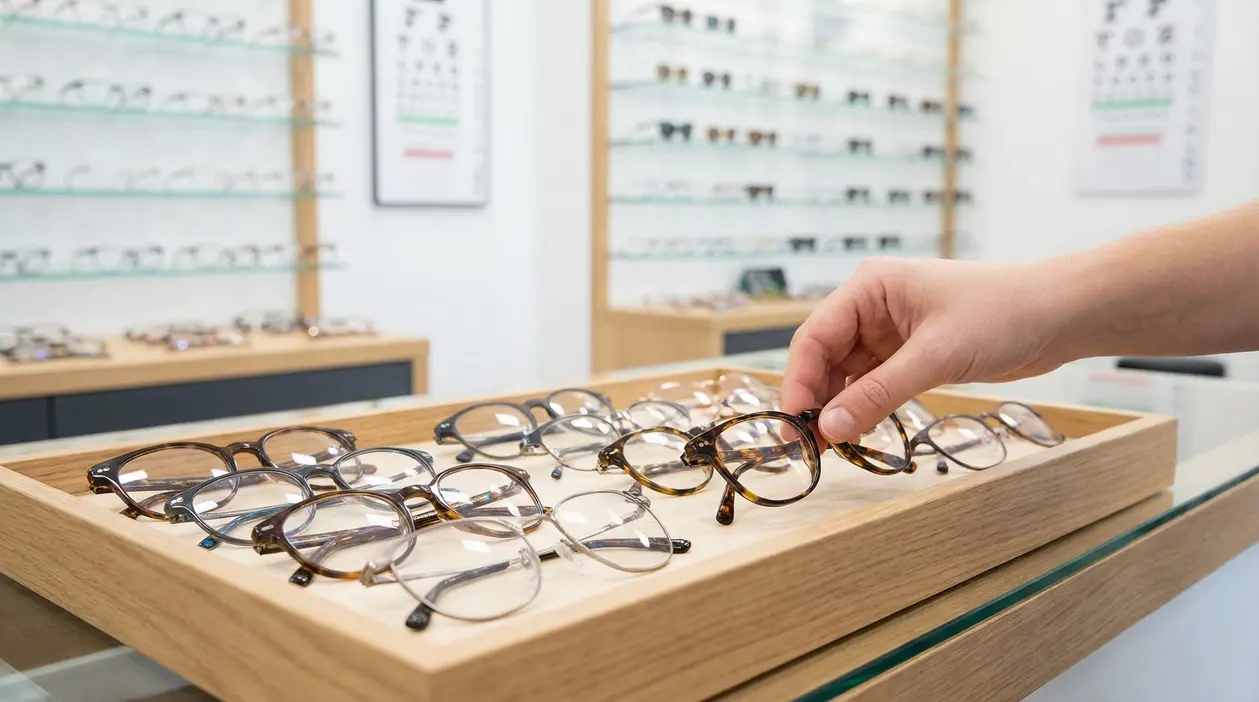 Una mano sceglie un paio di occhiali da un vassoio in un negozio di ottica