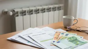 Bollettini di luce e gas con banconote in euro su un tavolo, con radiatore sullo sfondo