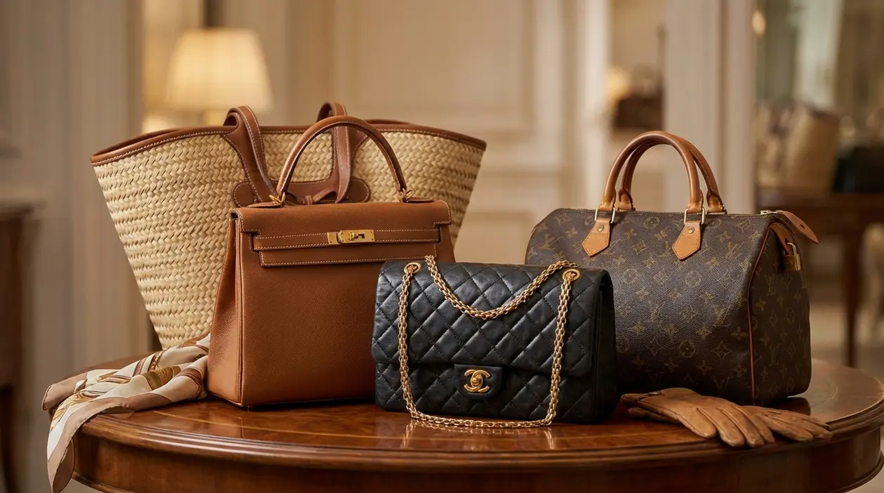 Borse di lusso vintage su un tavolo, tra shopper in paglia, borsa in pelle, tracolla trapuntata e borsone con monogramma