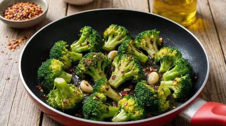 Broccoli saltati in padella con aglio e peperoncino su un piano di legno