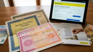 Buoni fruttiferi postali cartacei con brochure e tablet che mostra il calcolatore, su un tavolo con banconote e monete