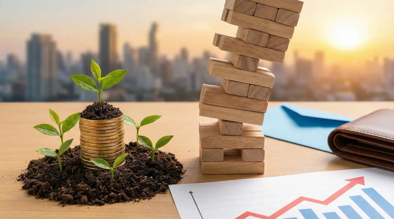 Piantine che crescono da monete impilate accanto a una torre di blocchi instabile su scrivania con grafico in salita