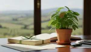 Pianta in vaso con simbolo dell'euro su una scrivania accanto a documenti e calcolatrice