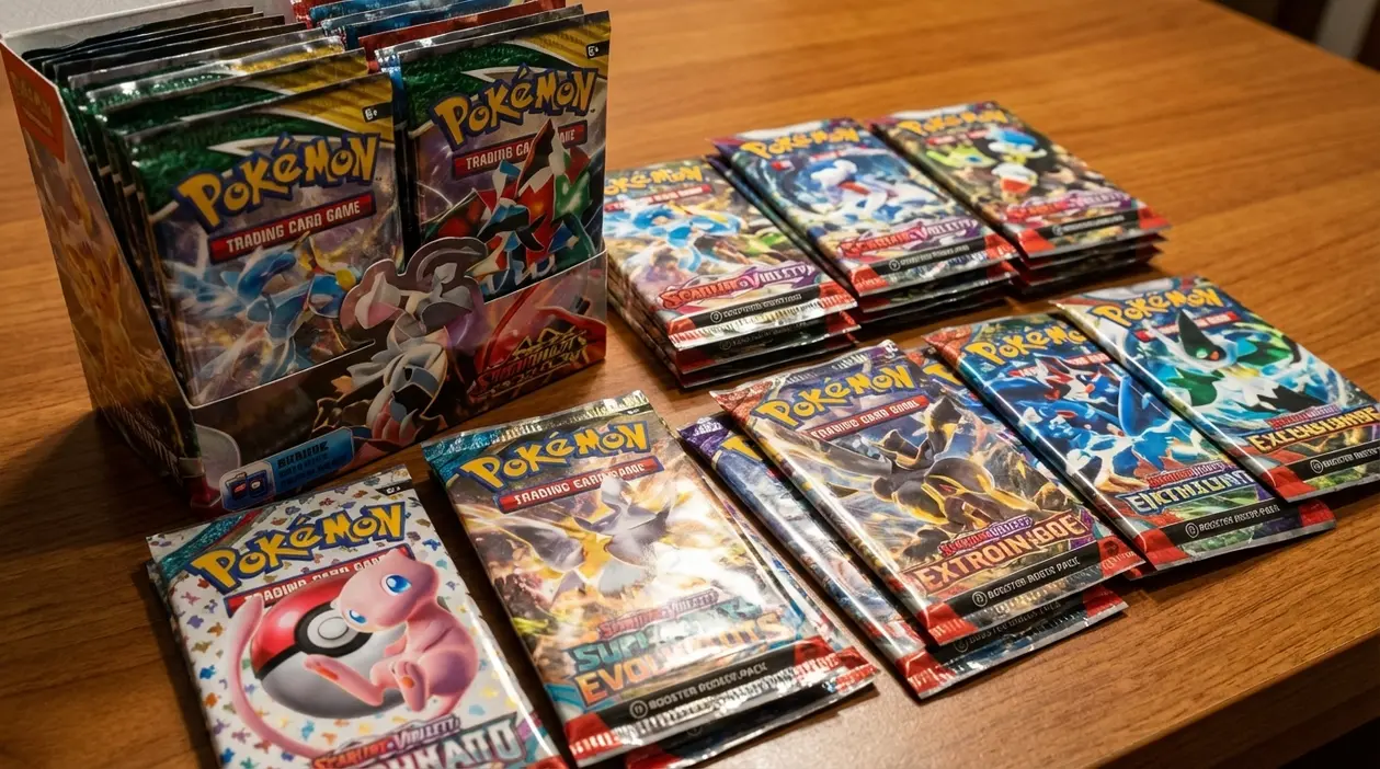 Buste sigillate del Gioco di Carte Collezionabili Pokémon disposte su un tavolo, con box e pacchetti assortiti