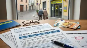 Documenti previdenziali e calendario dei pagamenti su un tavolo, con banconote in euro e ufficio postale sullo sfondo
