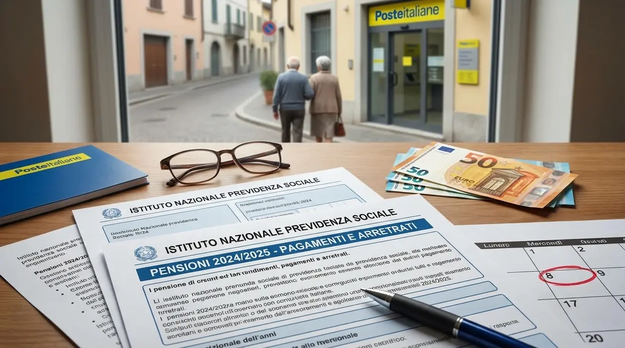 Documenti previdenziali e calendario dei pagamenti su un tavolo, con banconote in euro e ufficio postale sullo sfondo