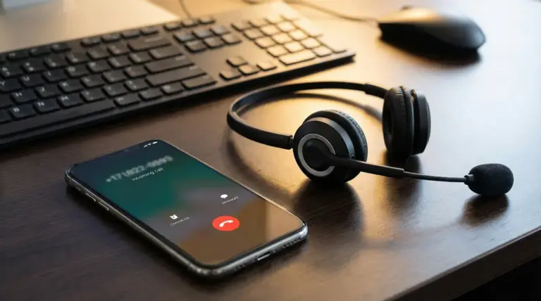 Smartphone con chiamata in arrivo accanto a cuffie con microfono su una scrivania