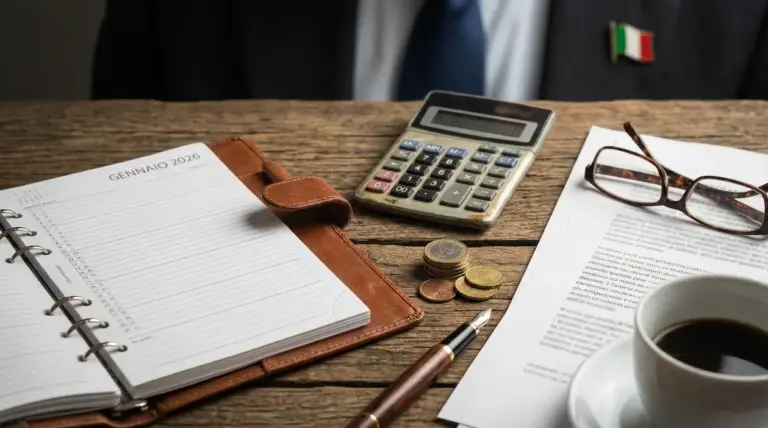 Scrivania con agenda 2026, calcolatrice, monete euro, documenti e una tazza di caffè