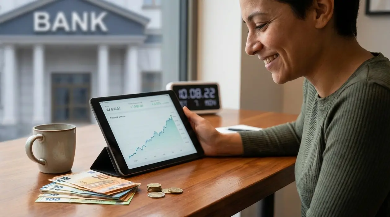 Persona sorridente guarda un tablet con grafico in crescita, con banconote e monete su un tavolo vicino a una banca