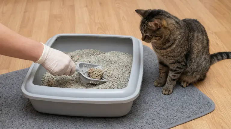 Una persona pulisce la lettiera del gatto mentre il gatto osserva da vicino