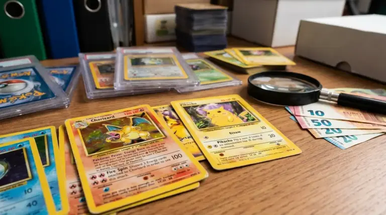 Carte Pokémon vintage su un tavolo con lente d’ingrandimento, custodie protettive e banconote in euro