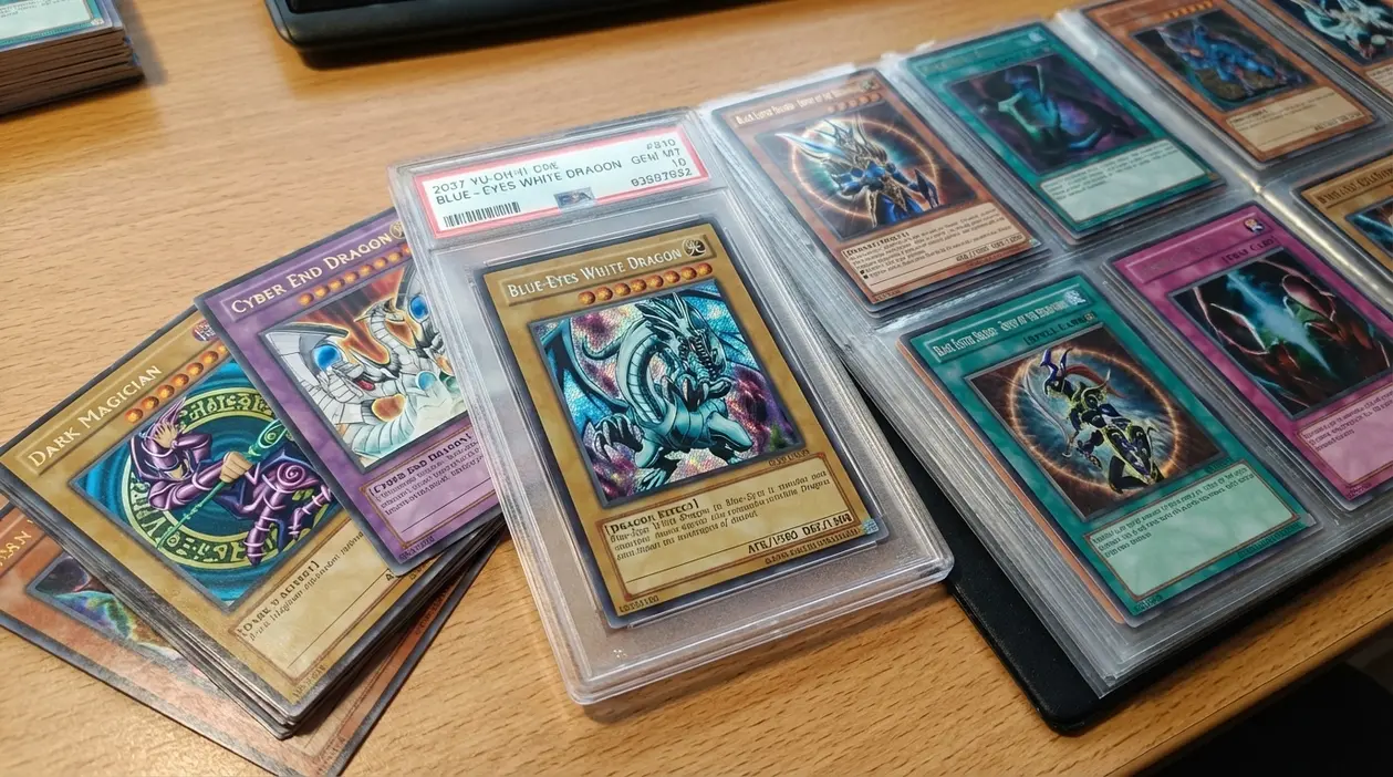 Carte Yu-Gi-Oh! da collezione in raccoglitore, con una carta rara in custodia rigida su un tavolo