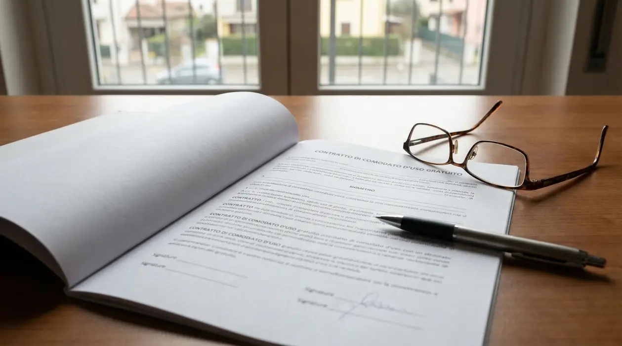 Contratto di comodato d’uso gratuito su un tavolo con penna e occhiali, vicino a una finestra