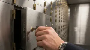 Mano che inserisce una chiave in una cassetta di sicurezza in banca tra file di cassette metalliche numerate