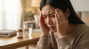 Persona seduta con le mani sulle tempie, visibilmente affaticata dal mal di testa