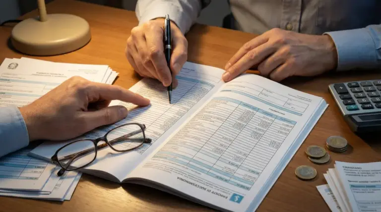 Due persone consultano documenti fiscali e calcolano imposte su un tavolo con calcolatrice e monete