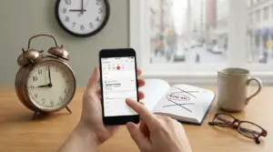 Persona controlla il calendario sullo smartphone accanto a una sveglia, taccuino e tazza su una scrivania