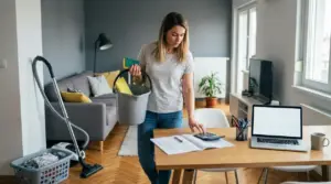 Persona con secchio e spugna calcola lo stipendio di una colf in casa, con documenti, calcolatrice e laptop sul tavolo