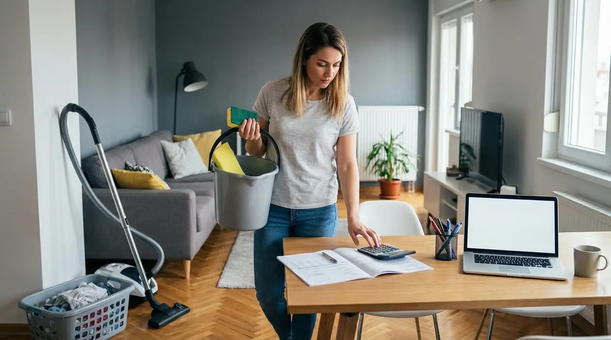 Persona con secchio e spugna calcola lo stipendio di una colf in casa, con documenti, calcolatrice e laptop sul tavolo