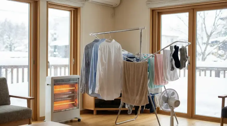 Stendibiancheria con panni umidi vicino a una stufa elettrica e un ventilatore in una stanza con vista innevata