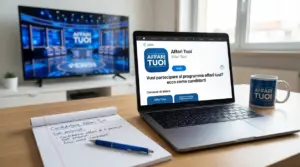 Laptop con pagina di candidatura per Affari Tuoi, taccuino e penna su scrivania, TV sullo sfondo in salotto