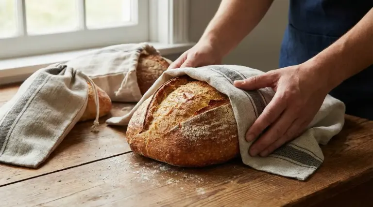 Pane artigianale avvolto in un canovaccio su un tavolo di legno